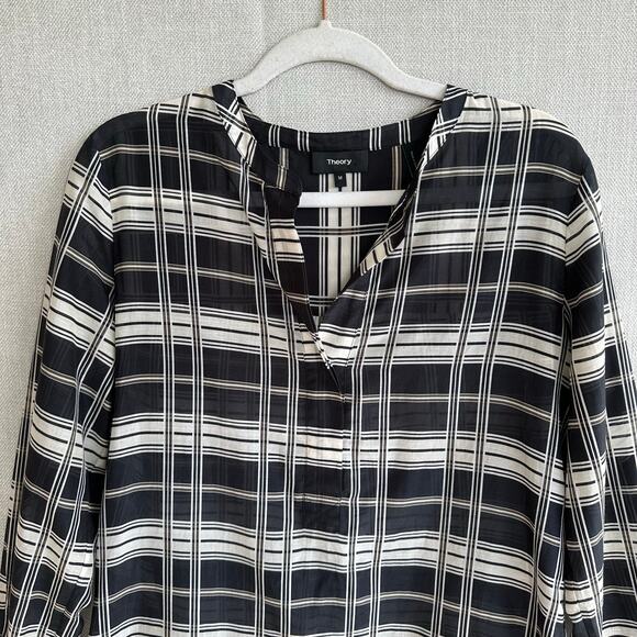 Theory Silk Tunic Blouse Sheer Black White Plaid Size Medium - Picture 3 of 7